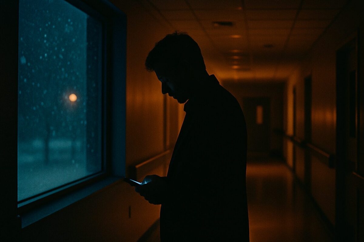 Мужчина стоит в ночном больничном коридоре с телефоном в руках, за окном идёт снег, горит тревожное освещение