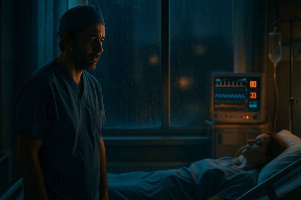 Хирург стоит у кровати пациентки без сознания в ночной палате больницы, атмосфера тайны и надежды