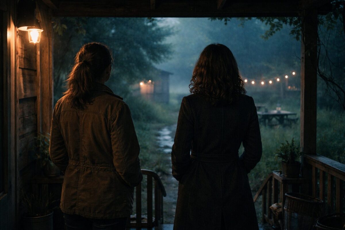 Две сестры стоят на крыльце старого деревянного дома с мезонином в сумерках после дождя.