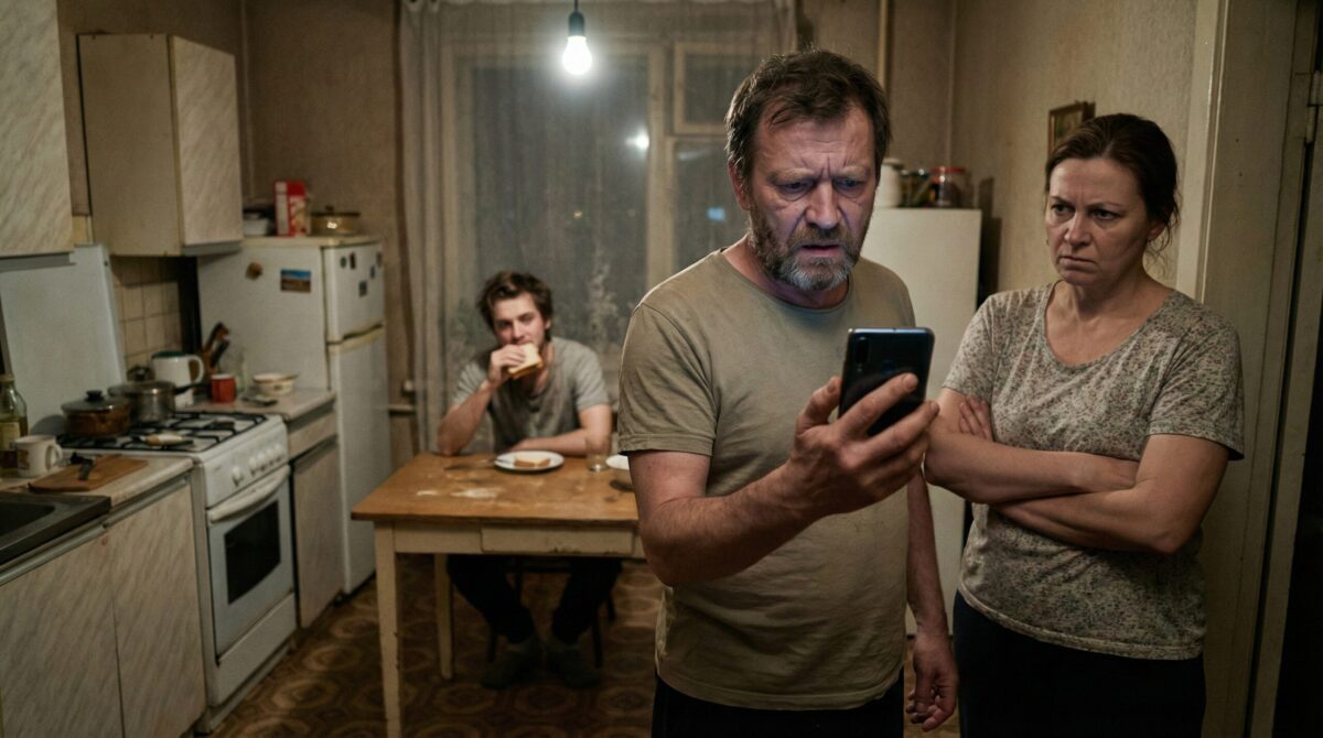 Муж с женой на кухне читают сообщение в телефоне, разоблачающее обман брата.