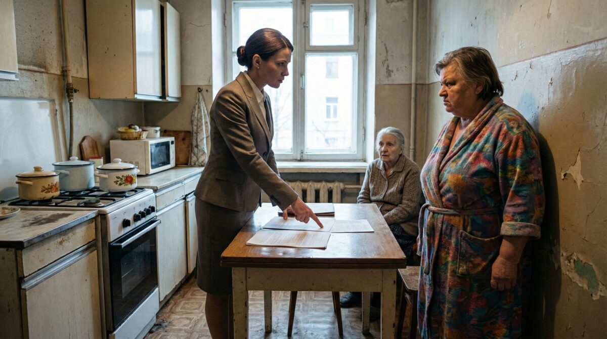 Девушка предъявляет тетке документы о долгах и попытке отъема квартиры на кухне.