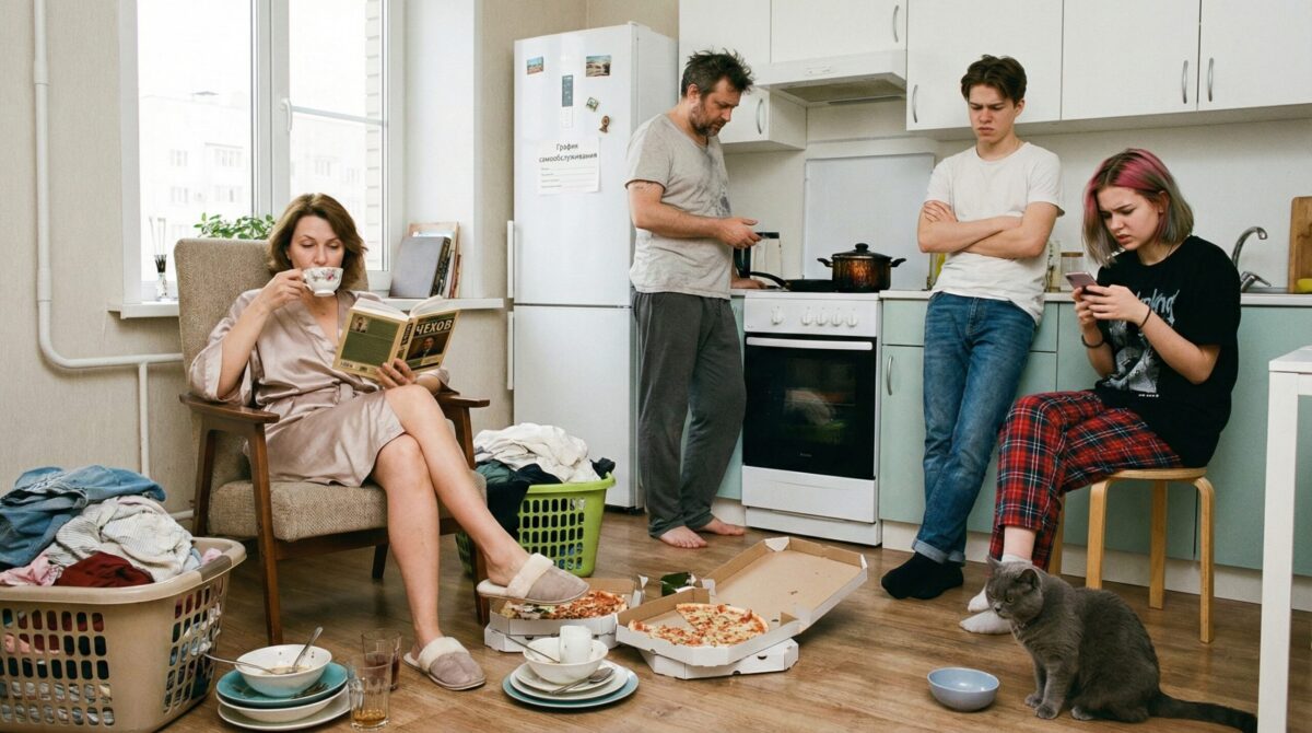 Женщина сидит на кровати с ноутбуком в комнате с закрытой на ключ дверью, мягкий солнечный свет.