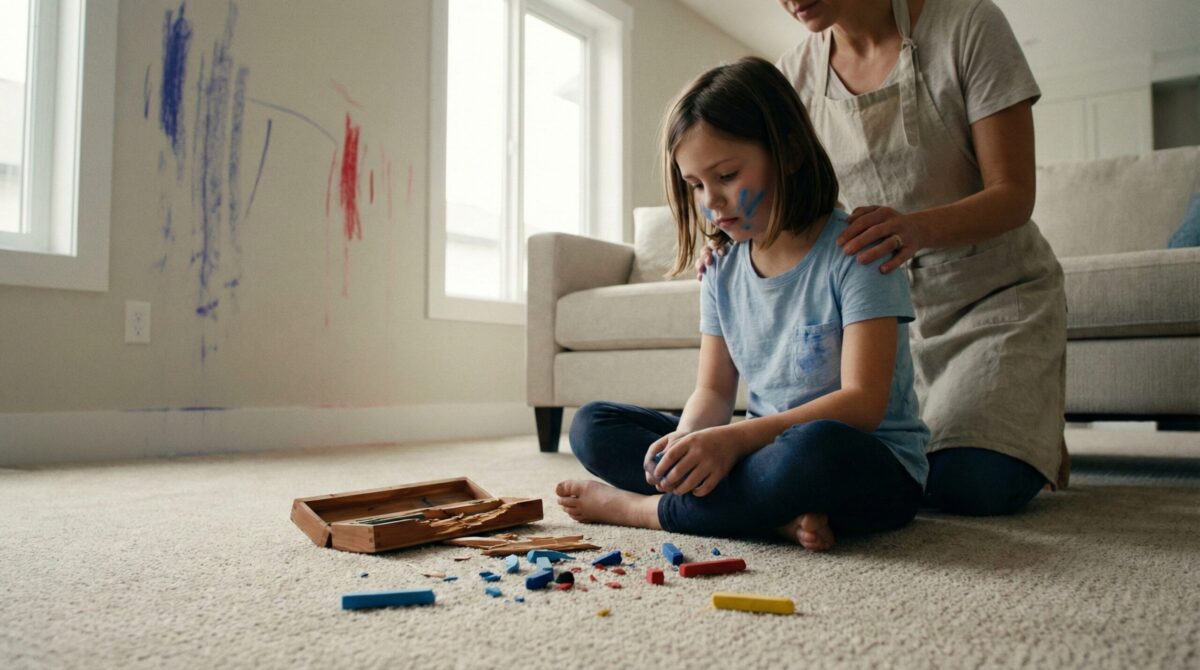 Девятилетняя девочка и мать тридцати двух лет на фоне стены с полосами пастели и сломанным пеналом.