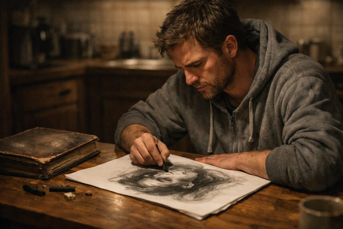 Мужчина рисует углем за столом при свете лампы, иллюстрируя рассказ о младшем брате.