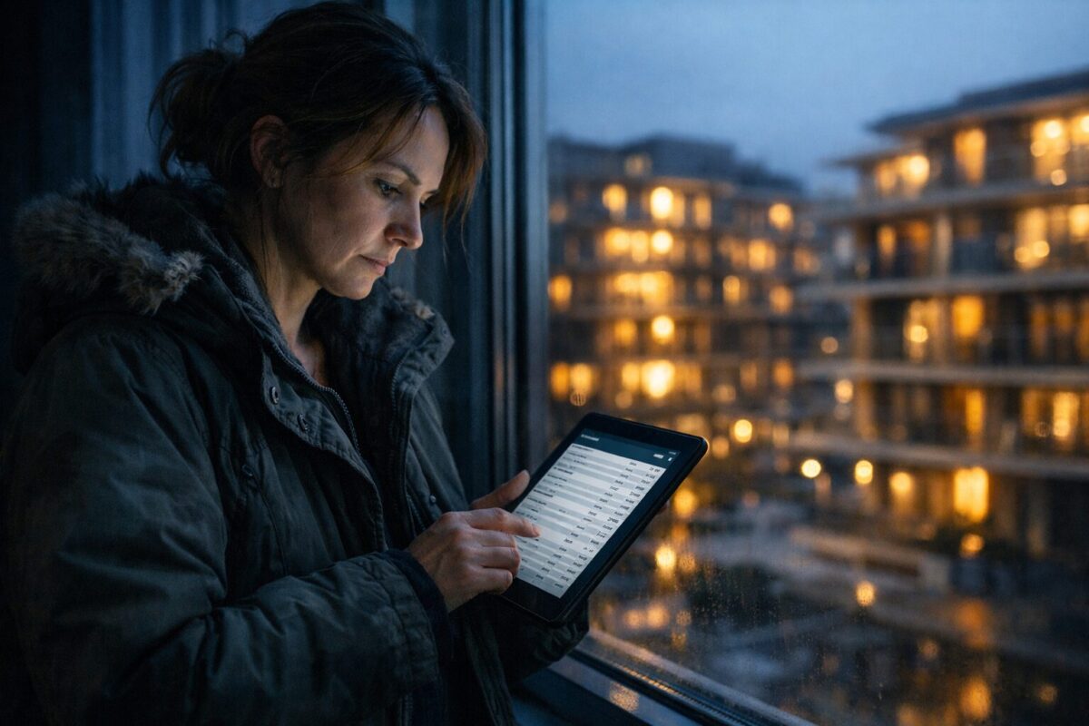 Женщина в старом пуховике смотрит на экран планшета с банковскими выписками на фоне современного жилого комплекса