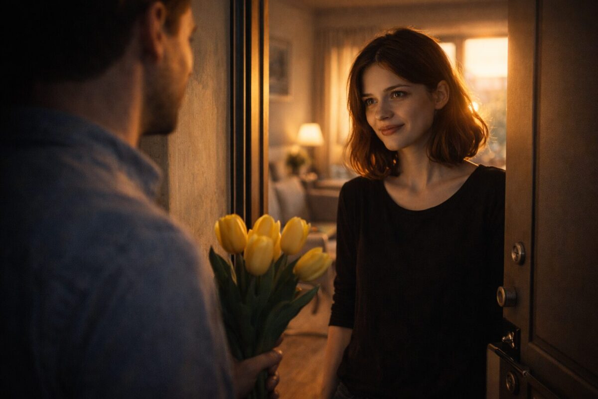Женщина стоит в дверях квартиры, мужчина с жёлтыми тюльпанами, тёплый вечерний свет, надежда на лице, атмосфера нового начала