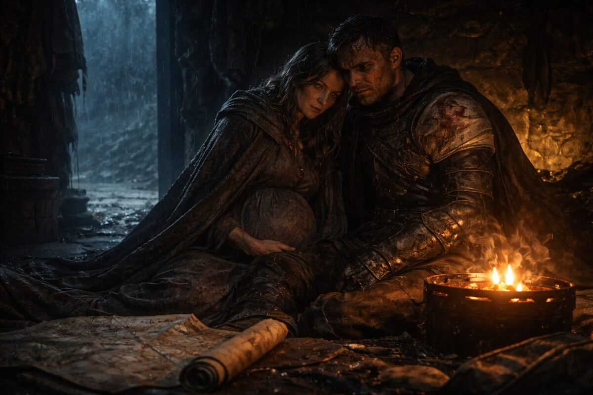 Беременная женщина и раненый воин у огня в коптильне