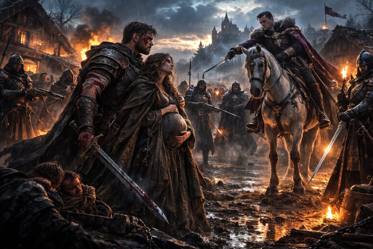 Инквизитор защищает беременную женщину перед отрядом гвардейцев в дождь