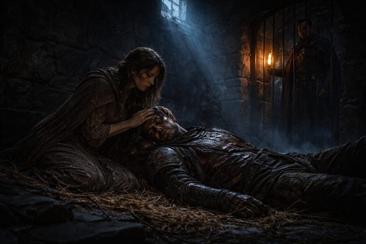 Беременная женщина и раненый инквизитор в тюремной камере подземелья