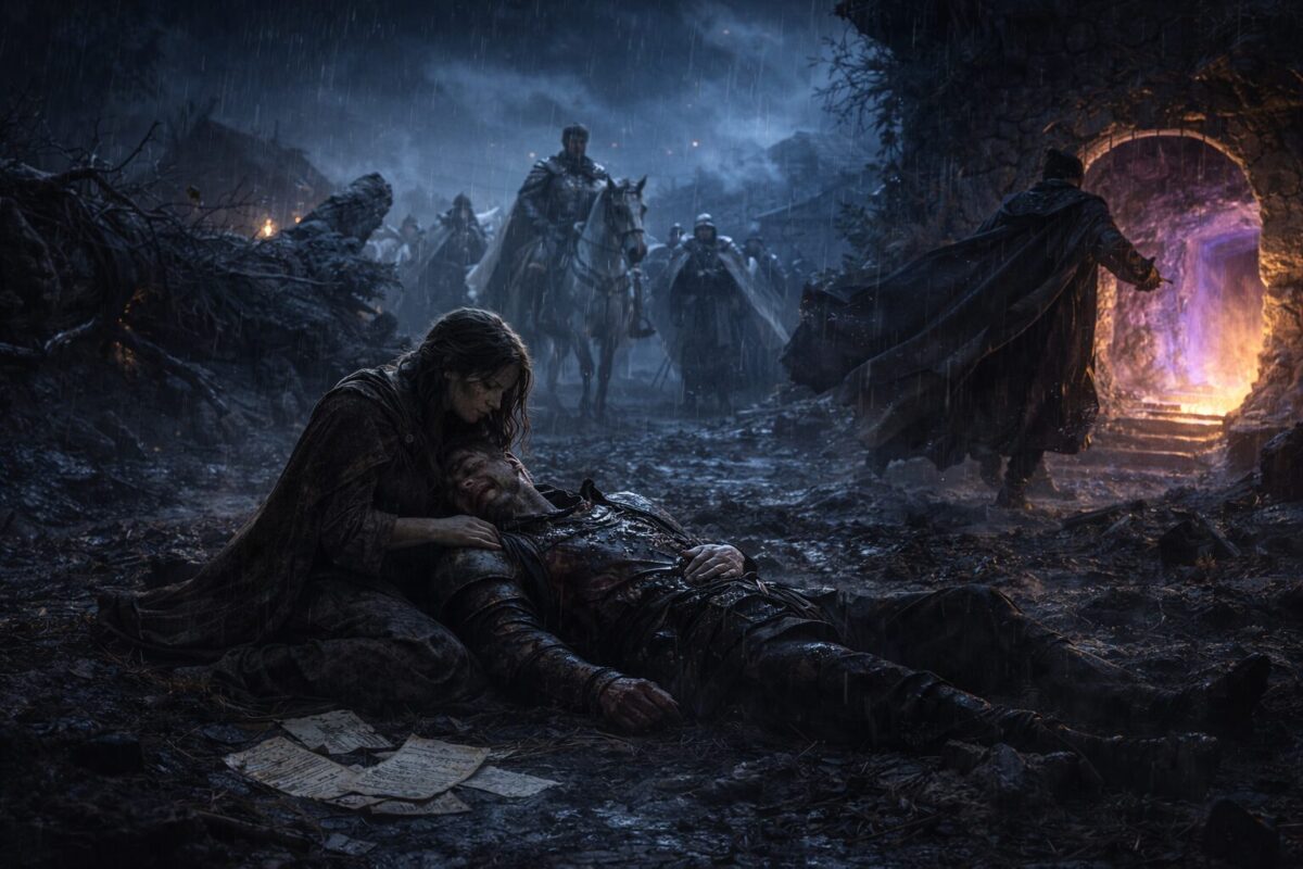 Беременная женщина на поле боя у разрушенной фермы в дождь