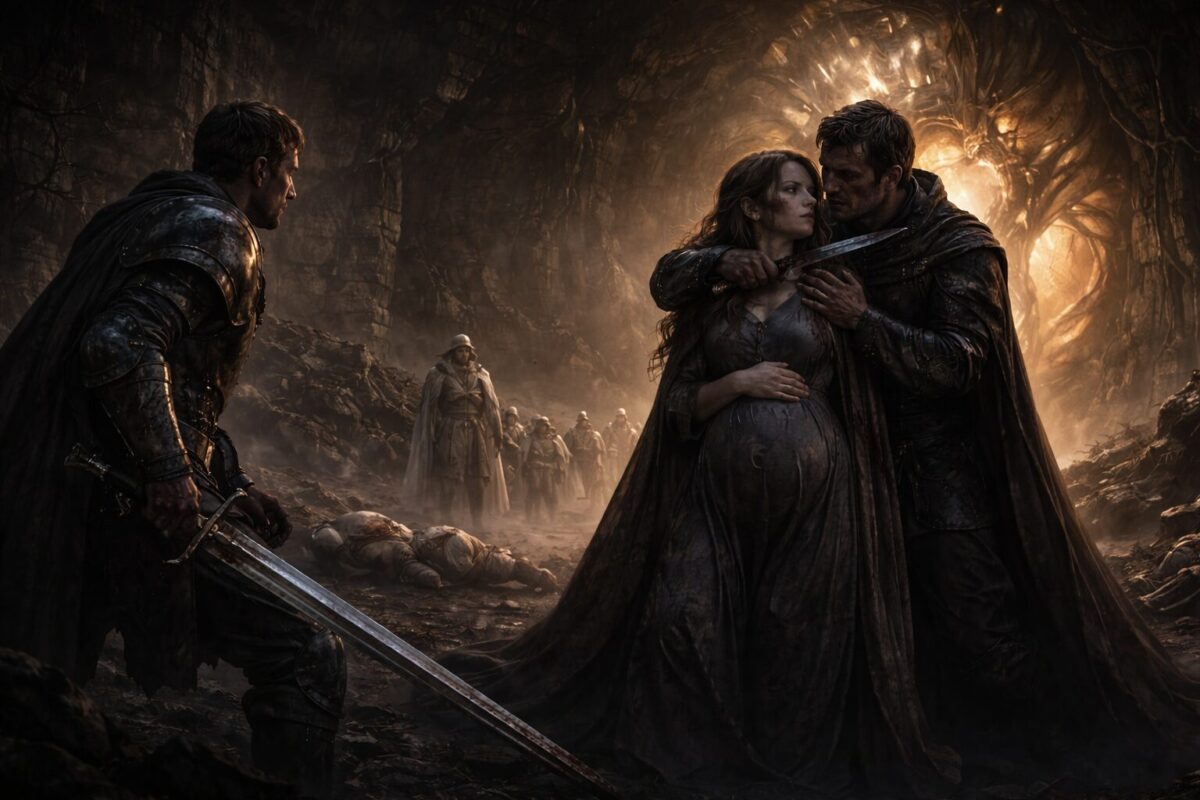 Беременная женщина у древнего артефакта под угрозой клинка в пещере