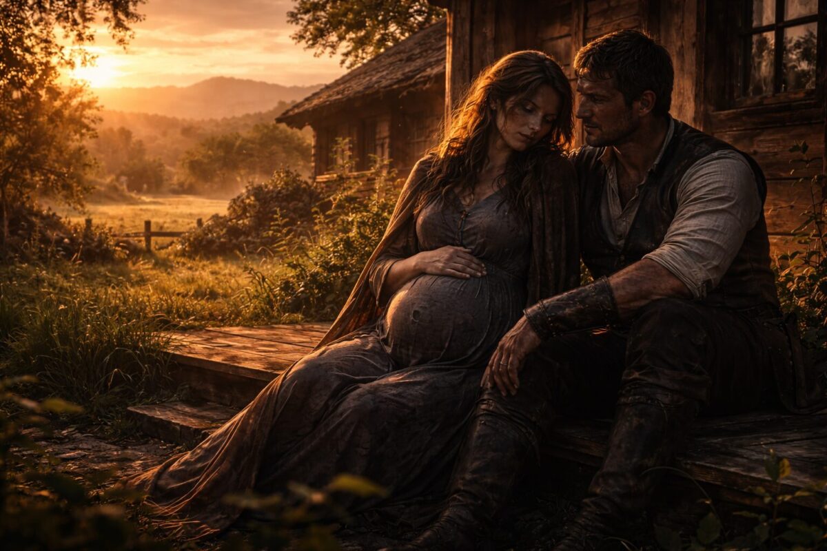 Беременная женщина и мужчина на крыльце весенней фермы на закате