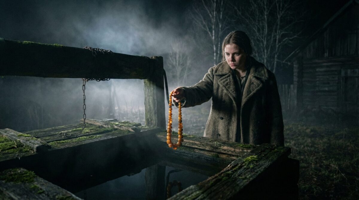 Рука болотного чудовища тянется из старого колодца к женщине с ребенком в ночном тумане.