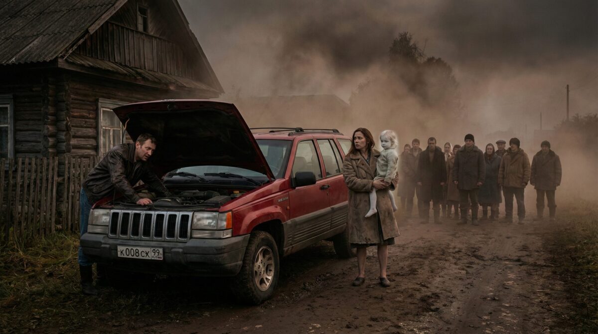 Мужчина пытается починить сломанный «Джип» у деревенской избы в тумане, пока его жена держит бледного, прозрачного ребенка на руках.