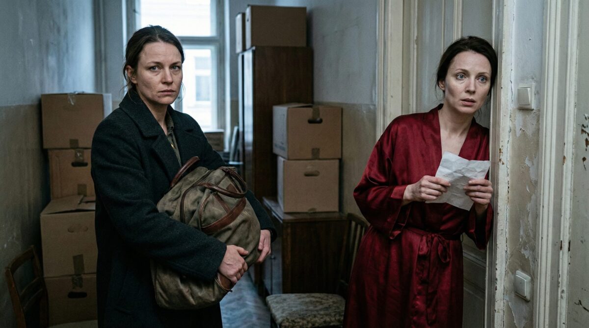 Женщина в шелковом халате изучает документ о долге отца по наследству в дверях квартиры.