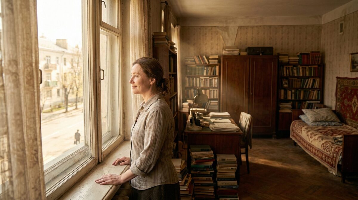 Анна стоит у окна в квартире тети Зины, чувствуя облегчение после оглашения завещания.