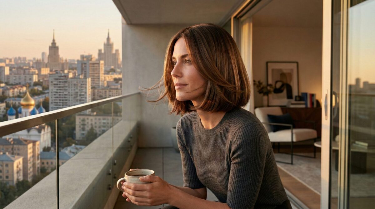 Женщина на балконе новой квартиры пьёт кофе на закате