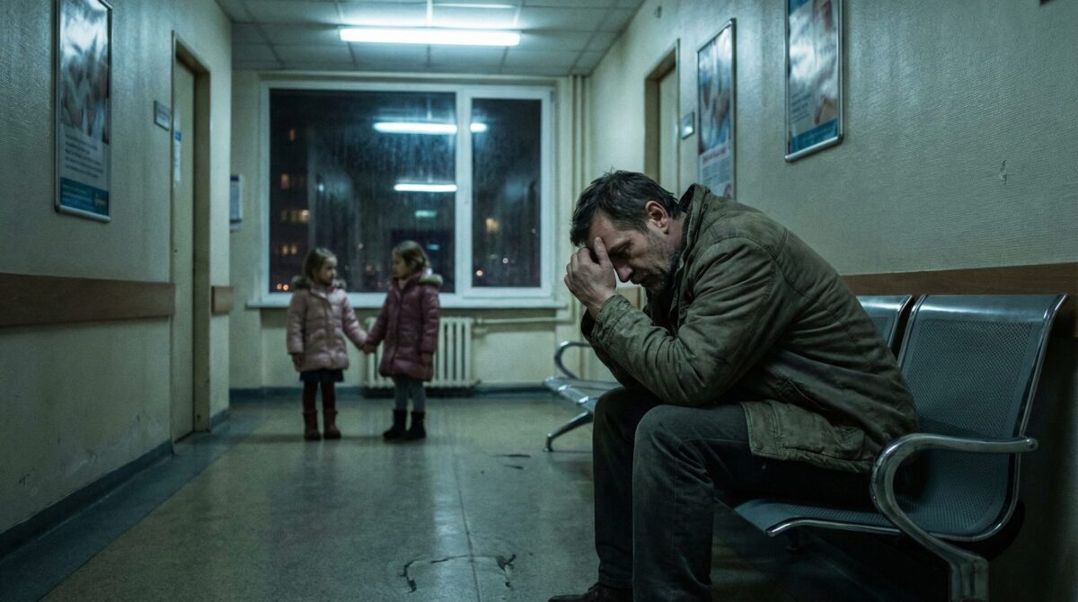 Мужчина в больничном коридоре и две девочки у окна