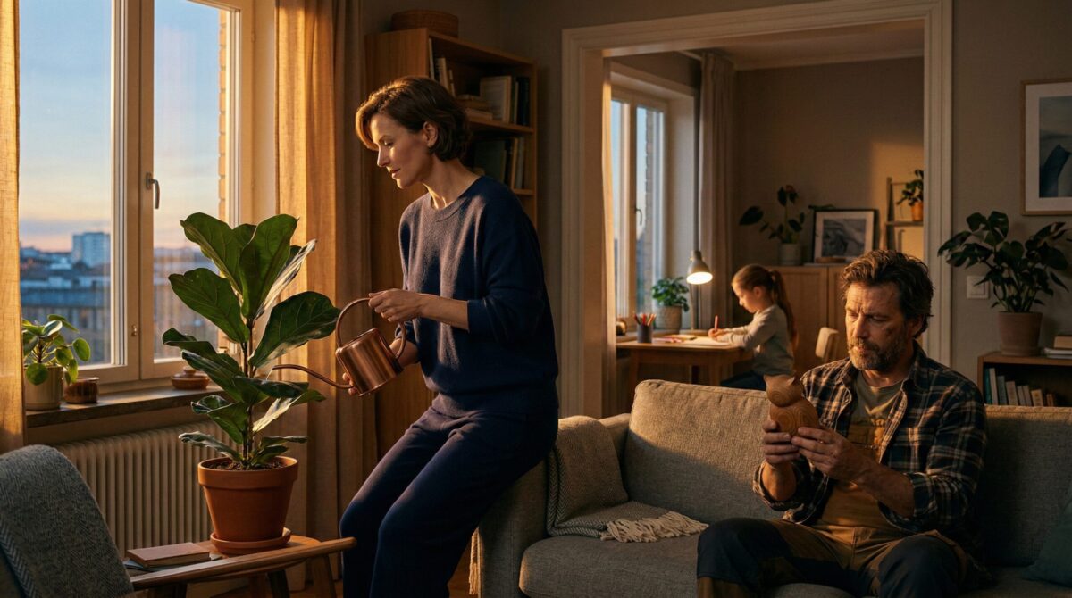 Семейная идиллия: Антонина поливает фикус, Степан сидит на диване, Полина рисует.