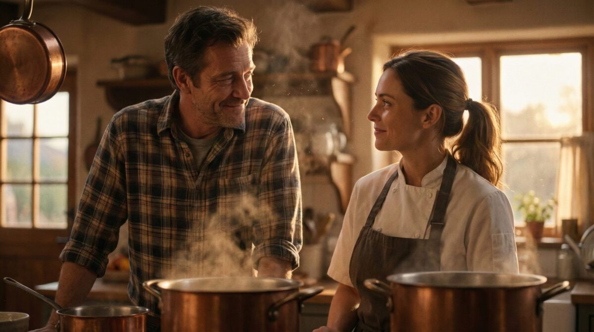 Мужчина и женщина-повар стоят на уютной кухне спасенного от разорения кафе, теплое освещение.