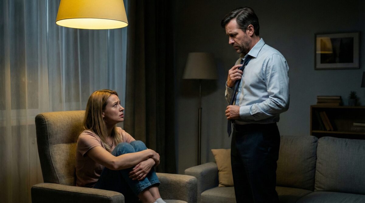 Растерянный муж виновато снимает галстук перед сиядящей в напряженной позе женой в полутемной гостиной.