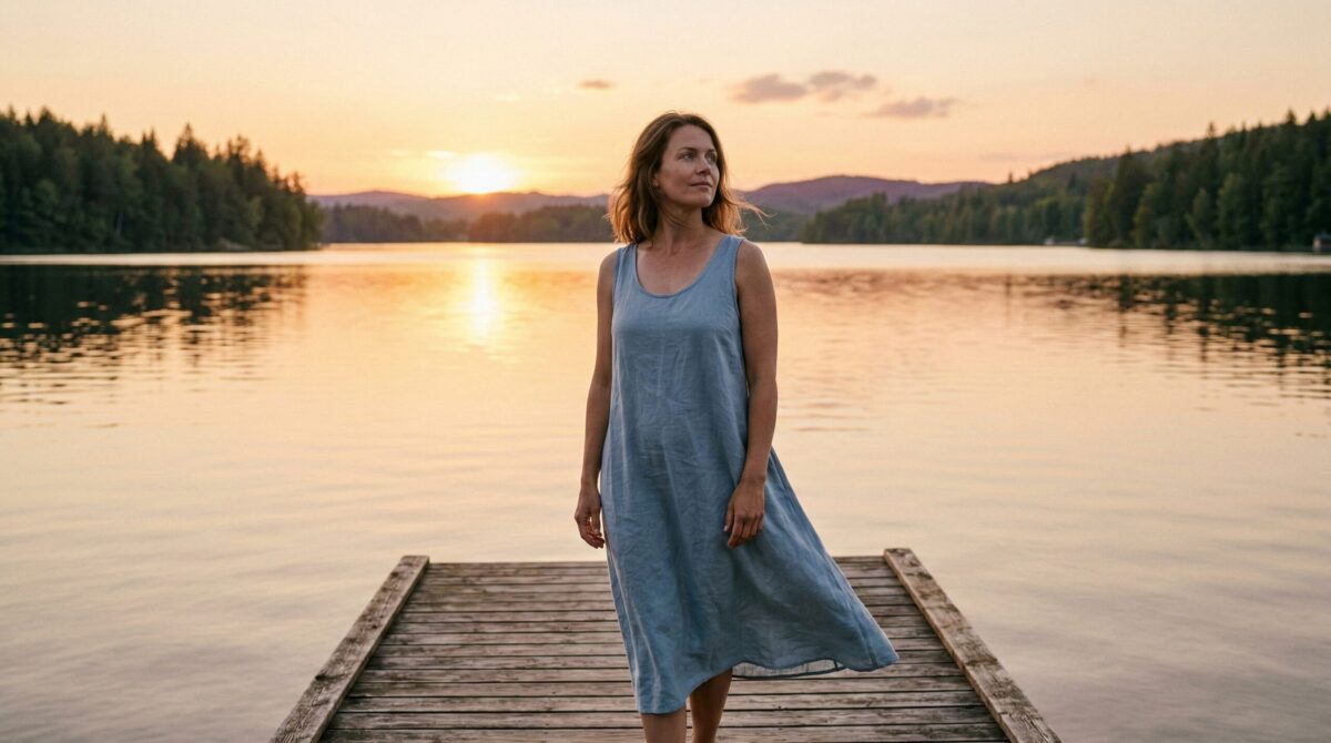 Женщина стоит у озера на закате с уверенным взглядом