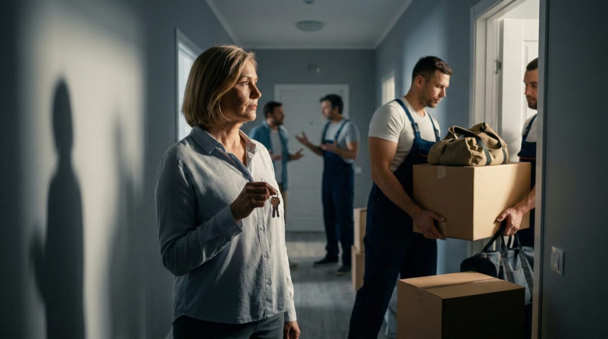 Решительная женщина с новыми ключами наблюдает за выселением родственников и грузчиками с коробками.