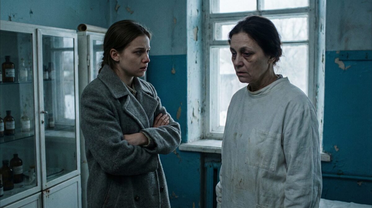 Напуганный фельдшер осматривает горло бледного ребенка в старом деревенском медпункте девяностых годов.