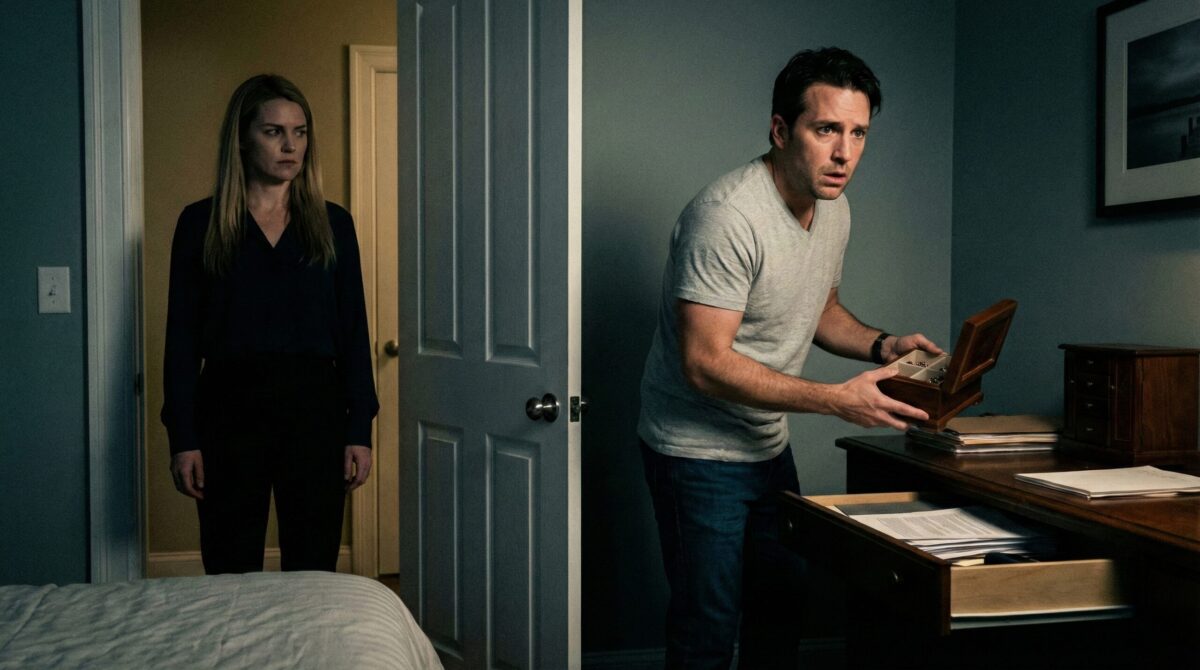 Женщина с суровым выражением лица ловит бывшего мужа, который пытается украсть ее вещи и деньги из шкатулки в спальне.