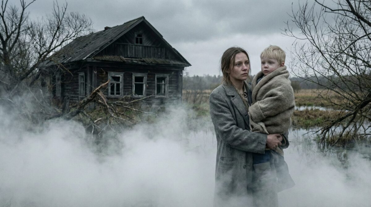 Женщина с бледным ребенком на руках стоит у старого деревянного дома на краю туманного болота.