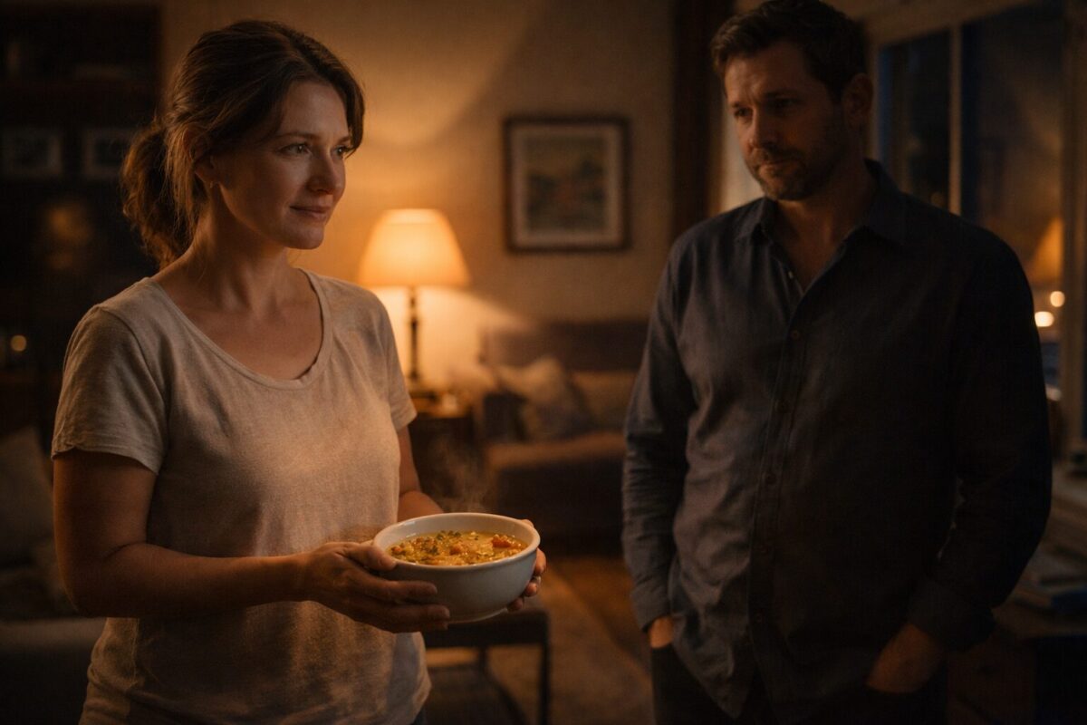 Женщина с тарелкой супа и отец девочки в уютном доме вечером