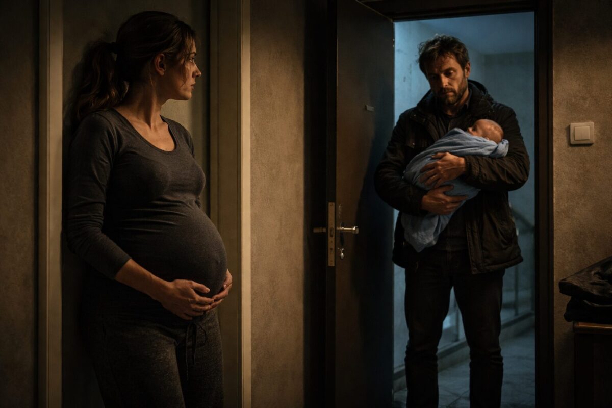 Беременная женщина и мужчина с младенцем в дверях ночью