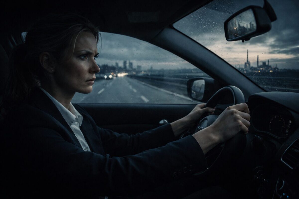 Женщина за рулем на трассе, едет за неожиданным наследством