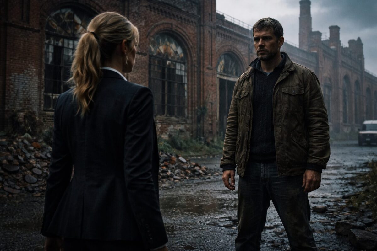 Женщина и мужчина на фоне заброшенного кирпичного завода в дождь