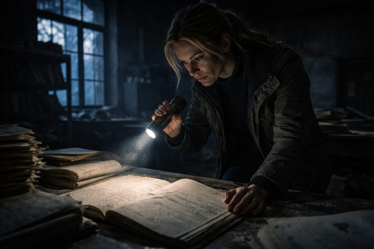 Женщина изучает старые документы в темном архиве завода