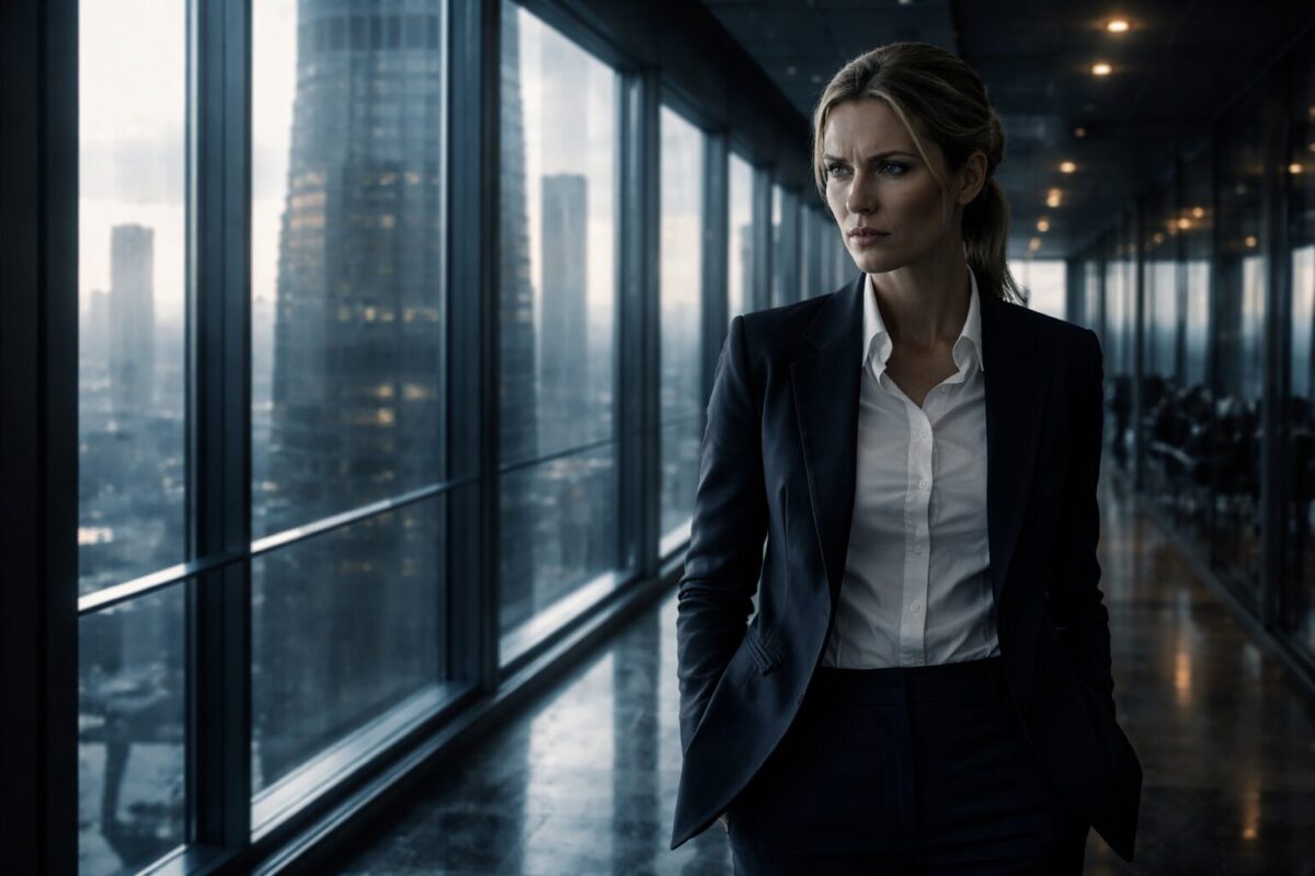 Деловая женщина в небоскребе после предательства и краха карьеры