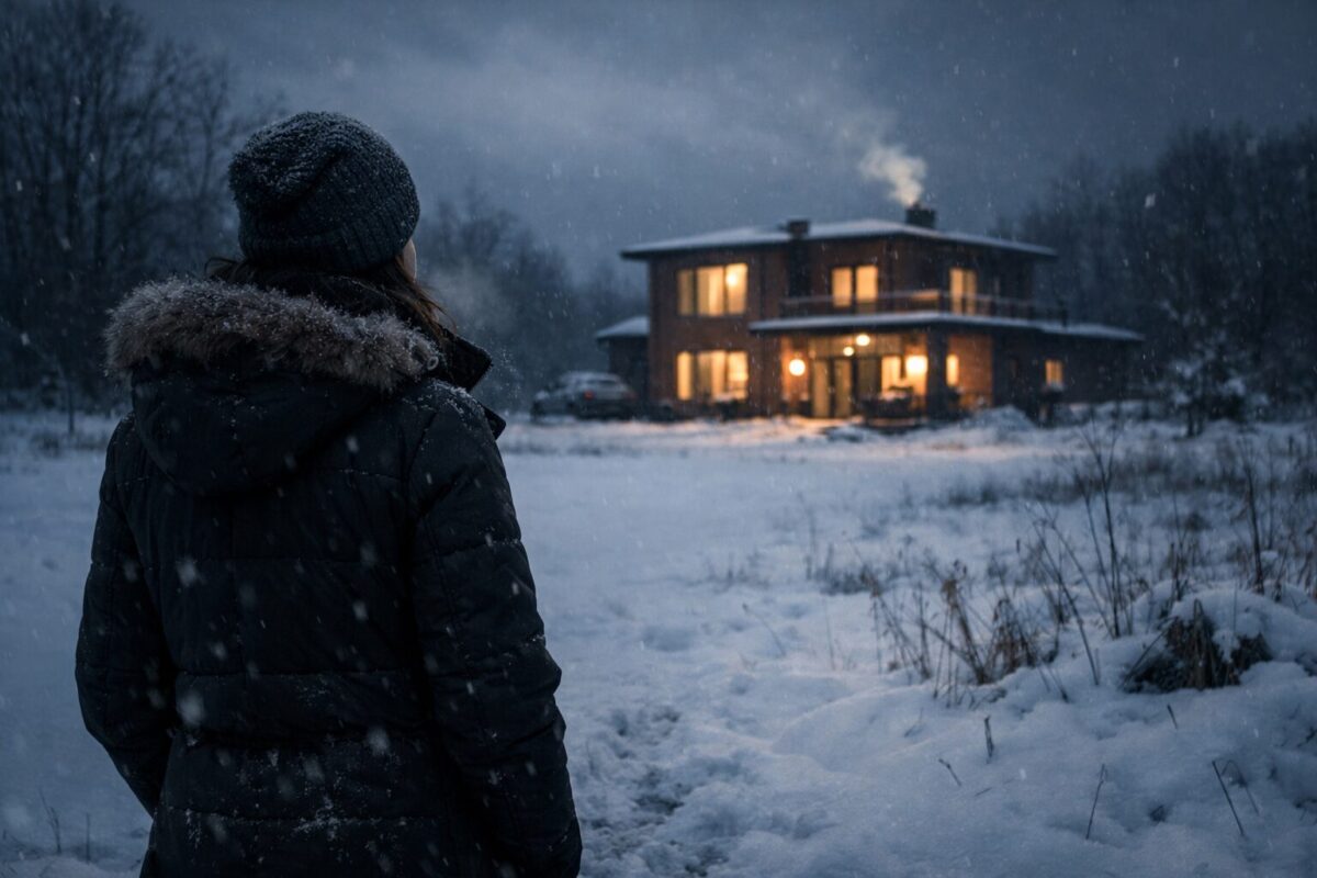 Женщина стоит зимним вечером на фоне загородного дома после тяжелого развода с мужем.