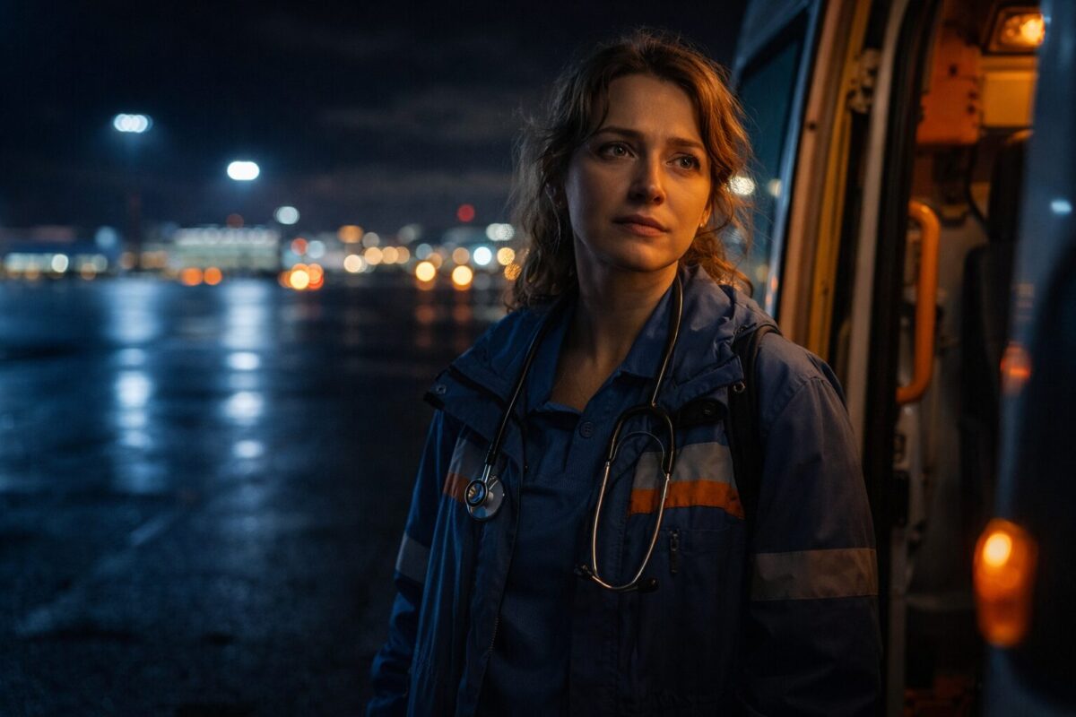 Фельдшер у машины скорой помощи ночью в аэропорту