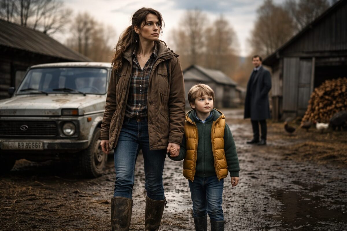 Женщина с сыном на ферме и мужчина в пальто вдали