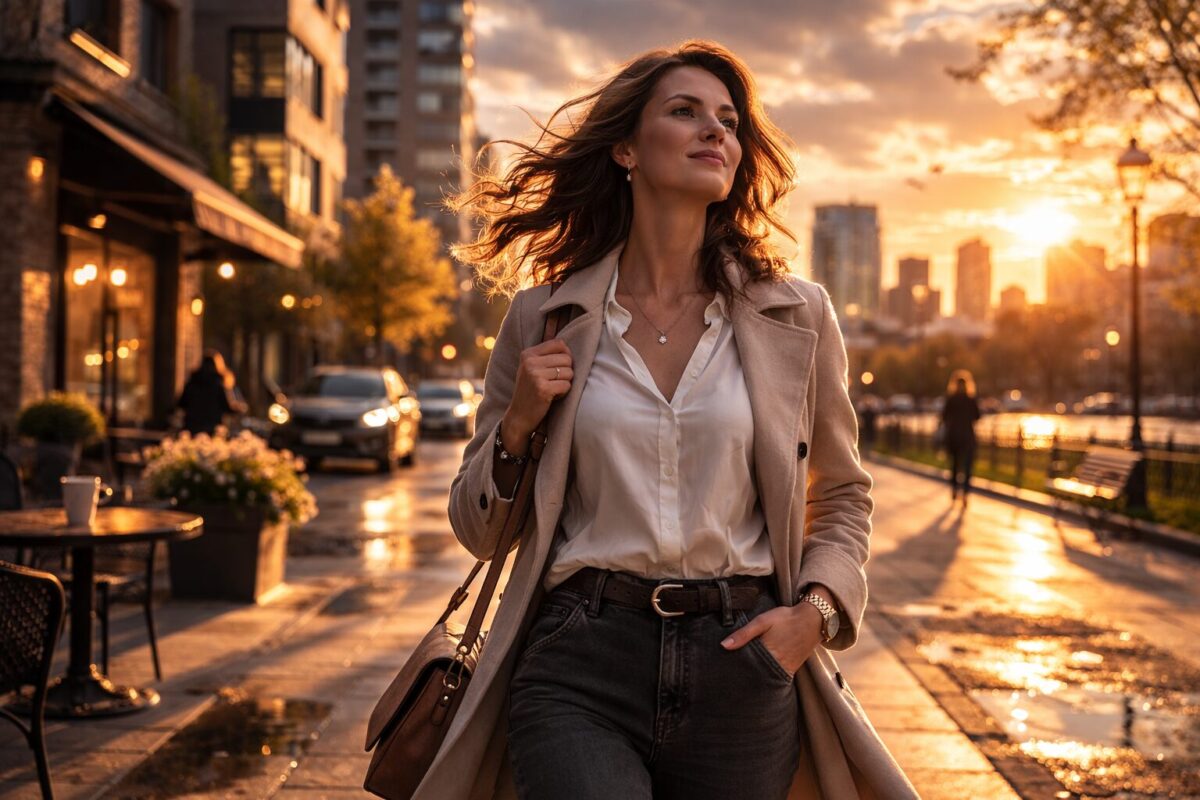 Уверенная женщина идёт по весеннему городу с лёгкой улыбкой