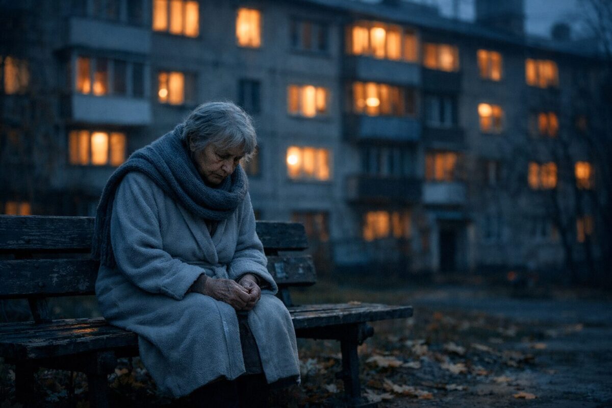Пожилая женщина одна на лавочке у подъезда осенью — сцена из рассказа про трудного подростка и бабушку