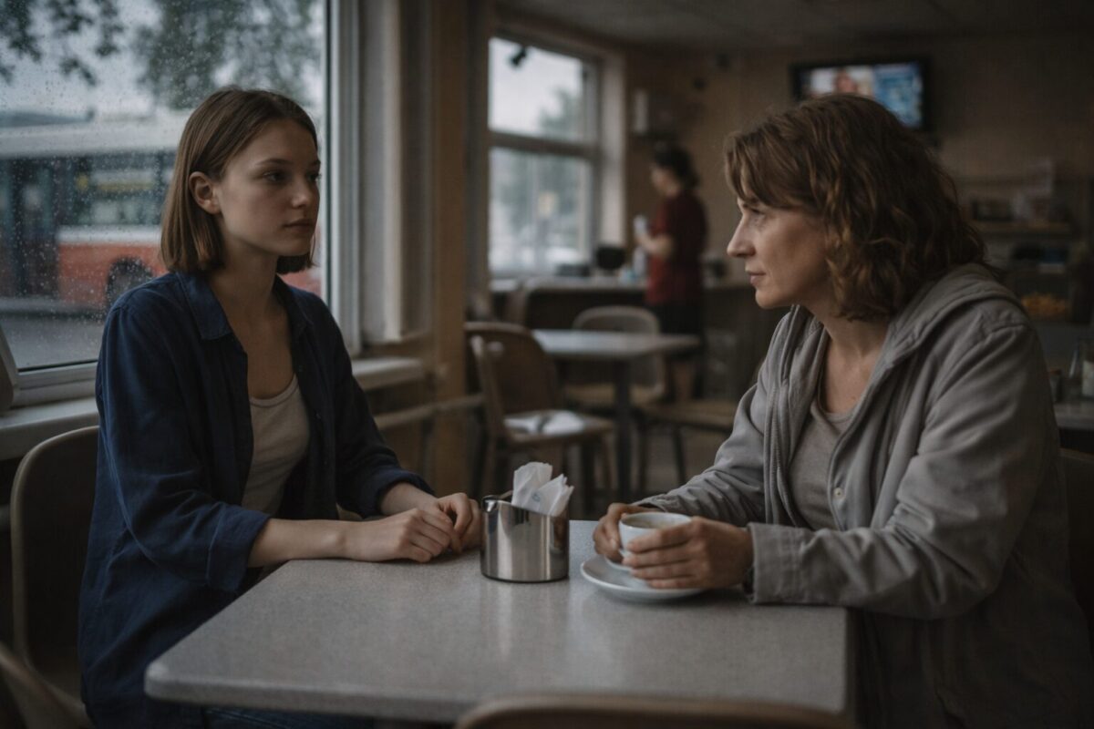 Молодая женщина и женщина средних лет сидят за столиком в кафе, между ними напряжённый разговор