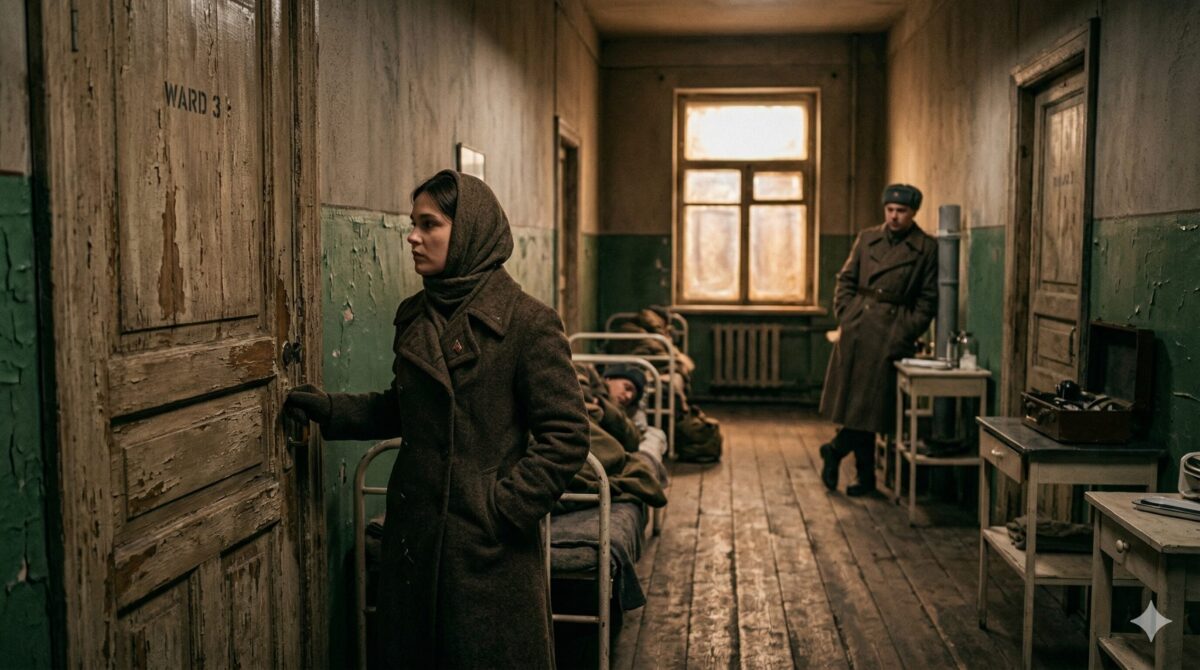 Женщина стоит у двери госпитальной палаты, в конце коридора силуэт мужчины — трогательный рассказ о любви и верности