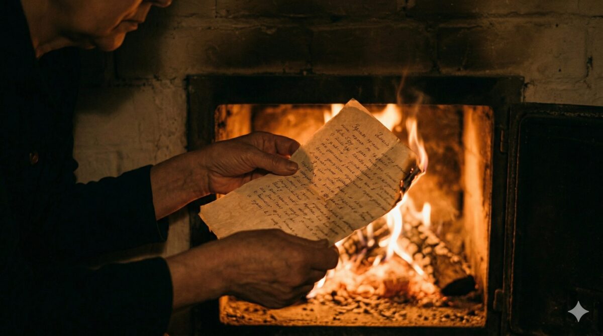 Женщина держит письмо над печкой ночью — трогательный финал рассказа о любви и верности главами