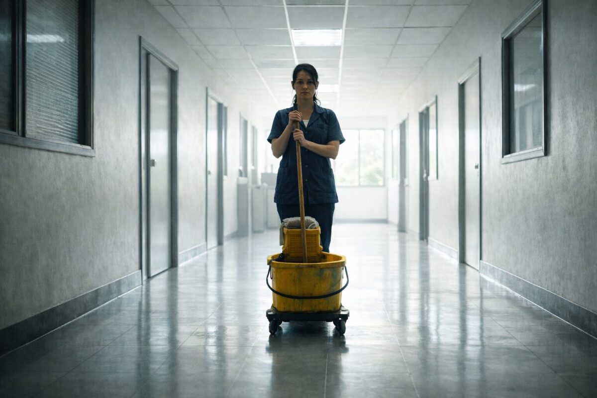 Ночной офисный коридор с ведром и шваброй — иллюстрация к трогательному рассказу для души о ночной уборщице