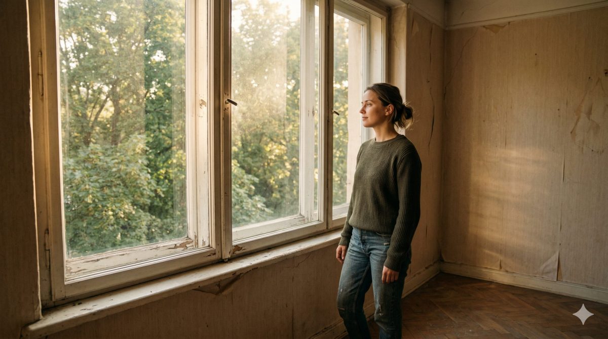 Сильная женщина смотрит в окно пустой квартиры, начиная новую жизнь. Жизненные рассказы про свекровь.