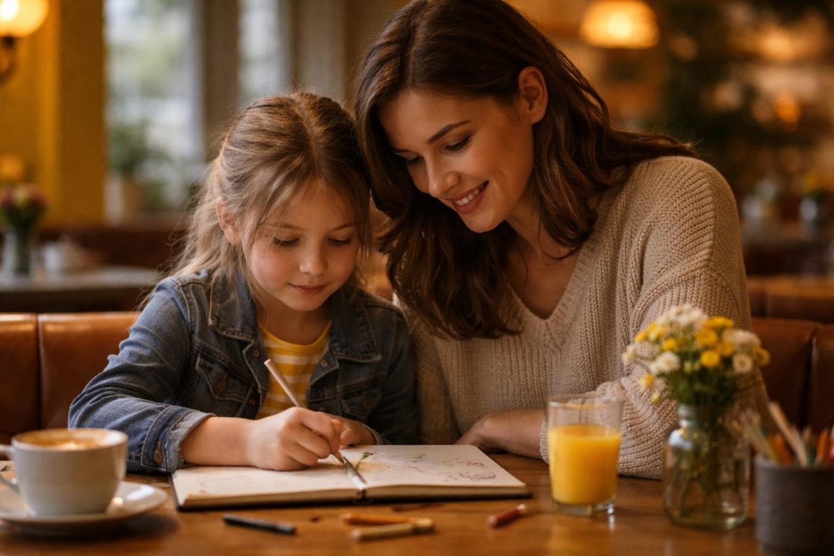 Женщина и маленькая девочка рисуют в уютном кафе. Трогательный рассказ для души о семье.