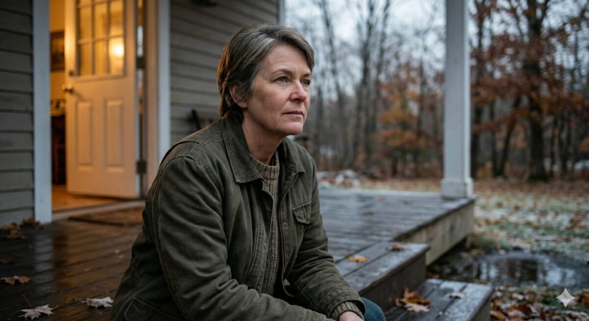 Женщина в старой куртке сидит на крыльце осенним днём