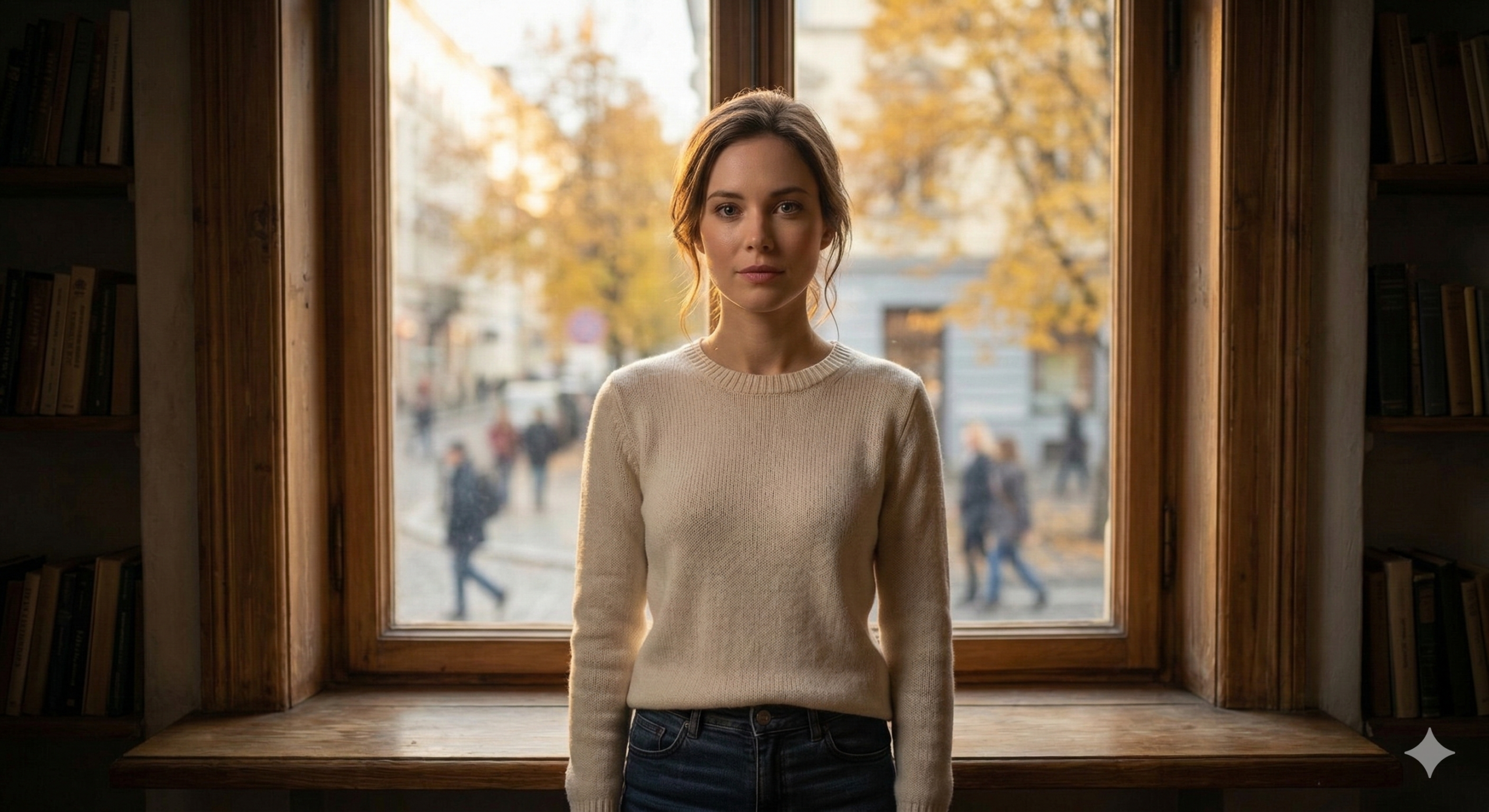Люба стоит у окна, на подоконнике — баночка крыжовенного варенья. За окном — осенний город. В её взгляде — спокойствие и осознание принятого решения