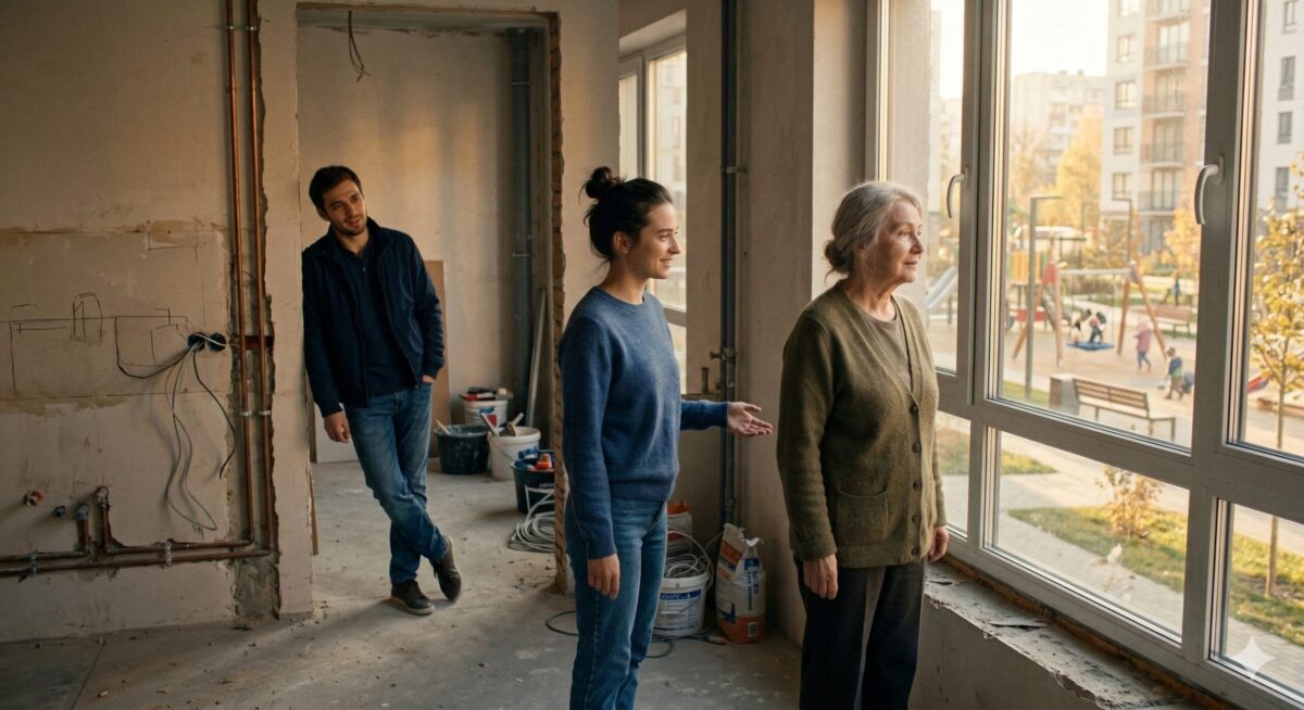 Света, Костя и Галина в пустой квартире: свекровь впервые видит планы молодой семьи и начинает их понимать.